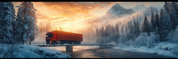 A large red truck travels across a bridge over a river in a winter wonderland. The golden sunrise casts a warm glow on the snow-covered mountains and trees