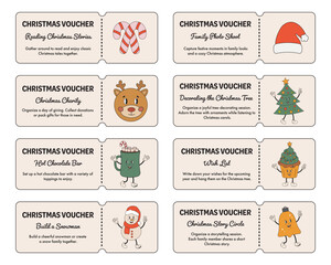 Christmas voucher with activities and tasks for family. Celebration advent time, winter holidays activities. Christmas gift coupons, vouchers, tickets. Christmas coupon book.