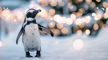 A charming penguin in a tuxedo standing on snow, surrounded by festive bokeh lights, perfect for winter and holiday themes.