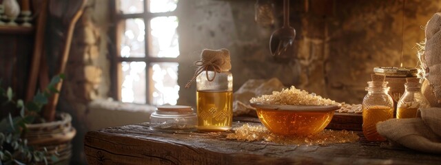 Wall Mural - Rustic honey jars and sugar on a wooden table in warm light