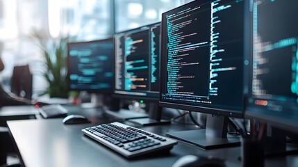 Poster - Cutting Edge Fintech Office Sleek Digital Workspace Powered by and Coding Experts