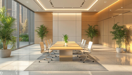 Modern sunlit conference room with large windows overlooking the city