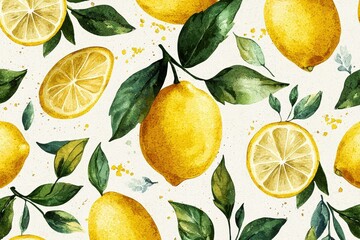 Aufkleber - A lively pattern showcases whole and sliced lemons adorned with green leaves, creating a fresh and colorful composition ideal for various decorative uses