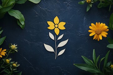 Wall Mural - A vibrant yellow flower stands out against a dark textured background, framed by green leaves and other yellow blooms. Nature's beauty is captured in this arrangement