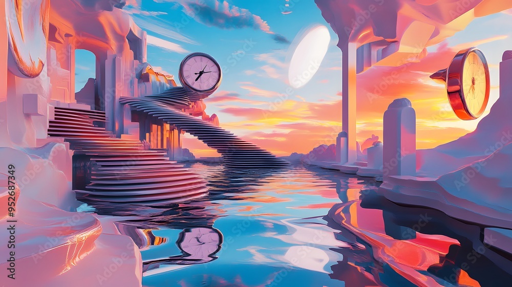 Surreal landscape with melting clocks floating staircases and ...