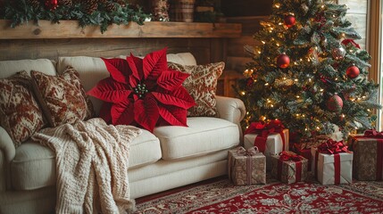 Poster - A warm and inviting living room showcases a beautifully decorated Christmas tree surrounded by wrapped gifts, a cozy sofa adorned with seasonal accents, and soft lighting