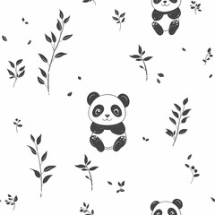 Wall Mural - Cute black and white panda illustrations among leafy patterns.