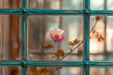 Sticker - A single pink flower blooms in a windowpane.