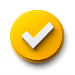 3d check icon, checklist tick, done mark. Vector realistic plastic style checkmark, symbol of selection, confirmation or approval. yellow circle with a white, white background