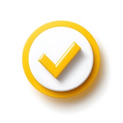 3d check icon, checklist tick, done mark. Vector realistic plastic style checkmark, symbol of selection, confirmation or approval. yellow circle with a white, white background