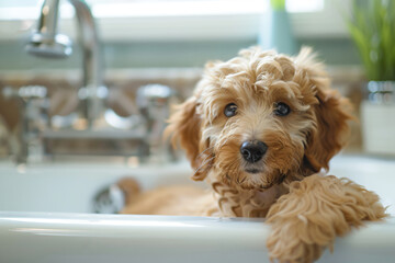 Wall Mural - a dog is sitting in a sink with a plant in the background