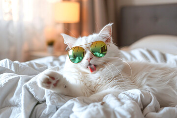 a white cat wearing sunglasses laying on a bed