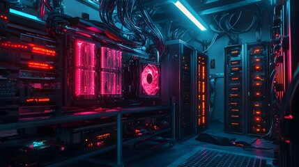 Poster - cryptocurrency mining rig with liquid cooling and aesthetic