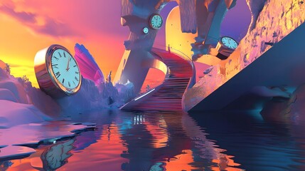 Wall Mural - Dreamlike landscape with impossible architecture floating staircases and melting clocks Abstract surreal colors melting forms 3D-rendered structures