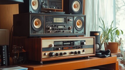 The classic look decor of a wooden equipment retro style radio amplifier audio displayed background wallpaper AI generated image