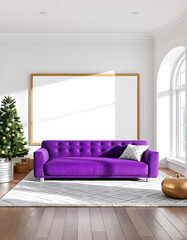 Wall Mural - mockup white blank frame, Purple sofa, white walls, living room, decorated with Christmas decor, Christmas tree, wooden coffee table, large window, wooden floor