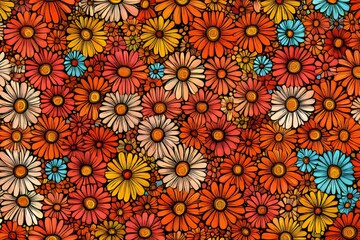 Sticker - A vibrant floral pattern with a mix of red, orange, yellow, and blue flowers.