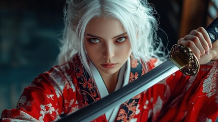 Wall Mural - Beautiful white haired woman wearing a red patterned kimono and a samurai sword AI generated image