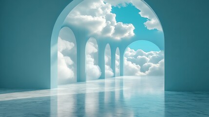 Canvas Print - 3D render of a minimalist abstract white fluffy cumulus cloud inside an arch geometric background wallpaper