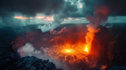 Wall Mural - Volcano erupts with fiery lava and smoke under a dramatic sky.