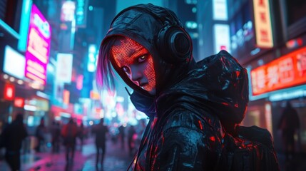 Mysterious woman cyborg walking in the middle of a cyberpunk city at night carrying out a mission background wallpaper AI generated image