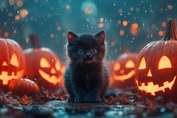 Poster - A curious black kitten sits amidst a circle of lit jack-o'-lanterns in a garden on a rainy Halloween evening, creating a whimsical atmosphere filled with light and shadows