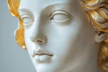Aufkleber - A beautifully crafted marble sculpture showcases delicate facial details and flowing golden hair, emphasizing the skill behind its creation in a serene setting