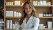 © Fleuronica - A professional woman, dressed in a lab coat, confidently poses with arms crossed in a contemporary skincare store, showcasing the array of beauty products behind her