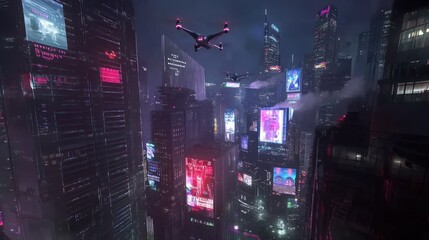 Poster - Cyberpunk Cityscape at Night with Drones