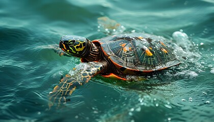 a turtle swimming in the blue sea