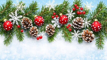 Poster - Vibrant red Christmas ornaments and pinecones are artfully arranged among lush green evergreen branches, creating a cheerful holiday decoration against a soft blue, wintry background