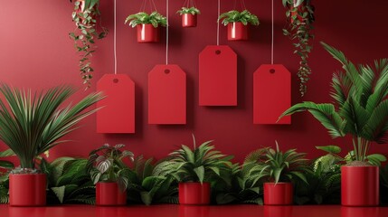 Poster - A striking indoor Christmas arrangement features various green plants set against a bold red wall. Decorative tags hang above, enhancing the modern aesthetic of the space