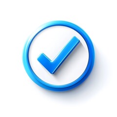 3d check icon, checklist tick, done mark. Vector realistic plastic style checkmark, symbol of selection, confirmation or approval. blue circle with a white, white background