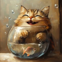 A happy tabby cat with a wide grin is inside a fishbowl with a goldfish.