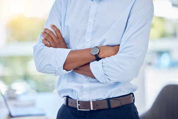 Canvas Print - Corporate, crossed arms and business man in office with company pride, confidence and ambition. Finance worker, professional and closeup of person for career, working and job opportunity in workplace