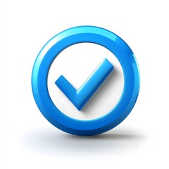 3d check icon, checklist tick, done mark. Vector realistic plastic style checkmark, symbol of selection, confirmation or approval. blue circle with a white, white background