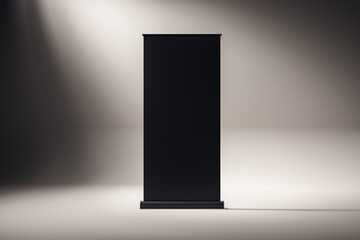 Poster - Black roll-up banner mockup in a studio setting with light and shadow effects. 3D Rendering