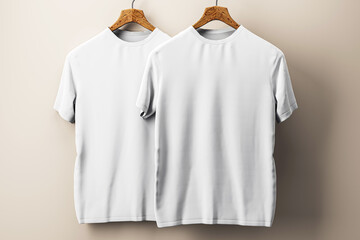 Canvas Print - Two white t-shirts on wooden hangers against a beige wall. 3D Rendering