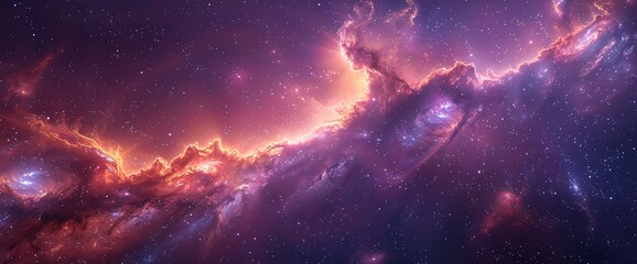 Wall Mural - A nebula in space with swirling clouds of gas and dust, glowing in vibrant shades of purple and orange.