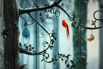 Sticker - A whimsical forest scene with three birds hanging from a tree branch.