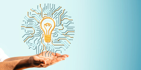 Poster - Hands presenting a lightbulb icon integrated with network circuits on a light blue background.
