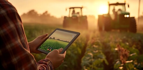 Farmer Holding Tablet App With Tractors and Crops in Golden Sunlight