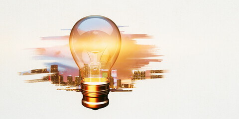 Aufkleber - Lightbulb with a cityscape backdrop symbolizing an idea in a business context. 3D Rendering