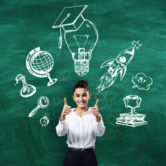 Aufkleber - Businesswoman in front of chalkboard with educational icons drawn on it, representing knowledge and success.