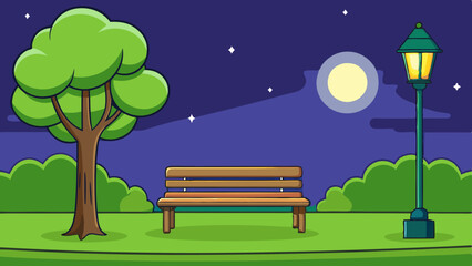 Poster - tree park bench lamppost in the night vector background