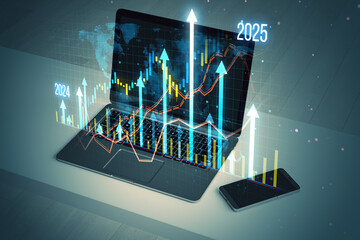 Wall Mural - Virtual financial growth charts displayed on a laptop screen in a futuristic digital environment.