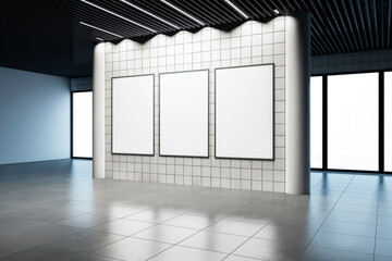 Poster - Empty gallery wall with three blank posters in a modern interior. 3D Rendering