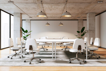 Wall Mural - Modern conference room interior with white furniture and city view. 3D Rendering