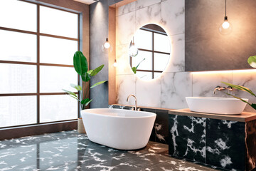 Wall Mural - Modern luxury bathroom with marble tiles and city view. 3D Rendering