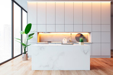 Wall Mural - Modern kitchen interior with large windows and city view. 3D Rendering